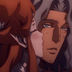 Hector being kissed by the female vampire Lenore Castlevania TV series Netflix 